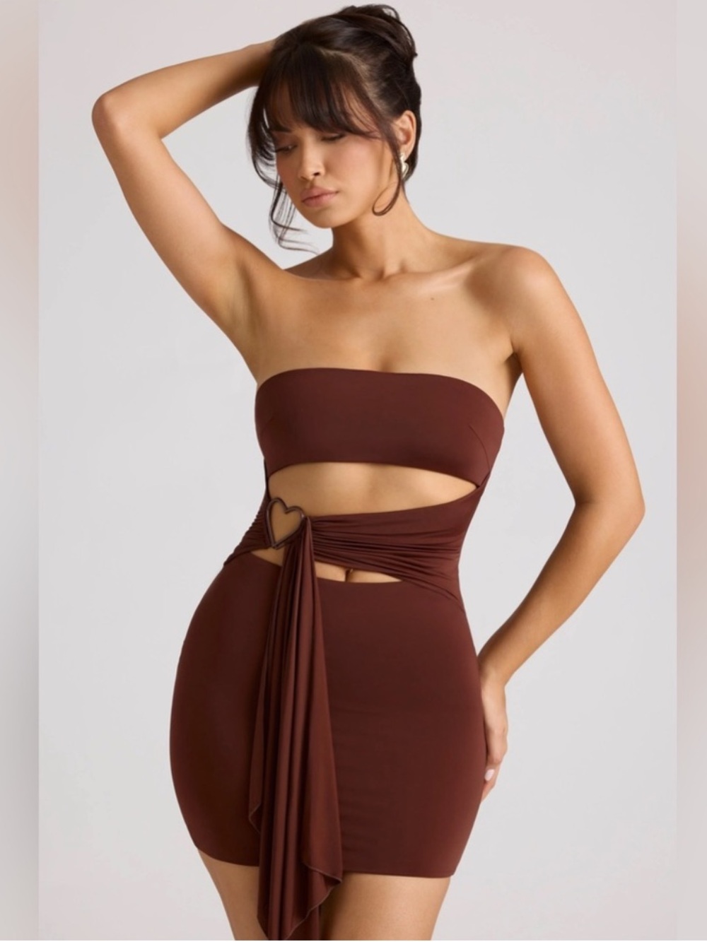 Oh Polly Chocolate Brown Heart Bandeau Mini Dress - Size 8